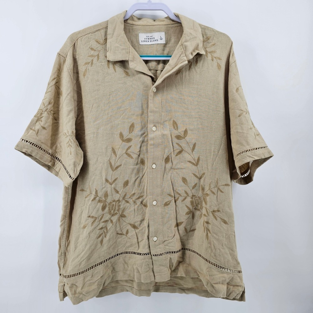 Abercrombie & Fitch Button Up Shirt Mens Large Tan Embroidered Linen Blend